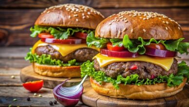 Hamburgare på träskiva